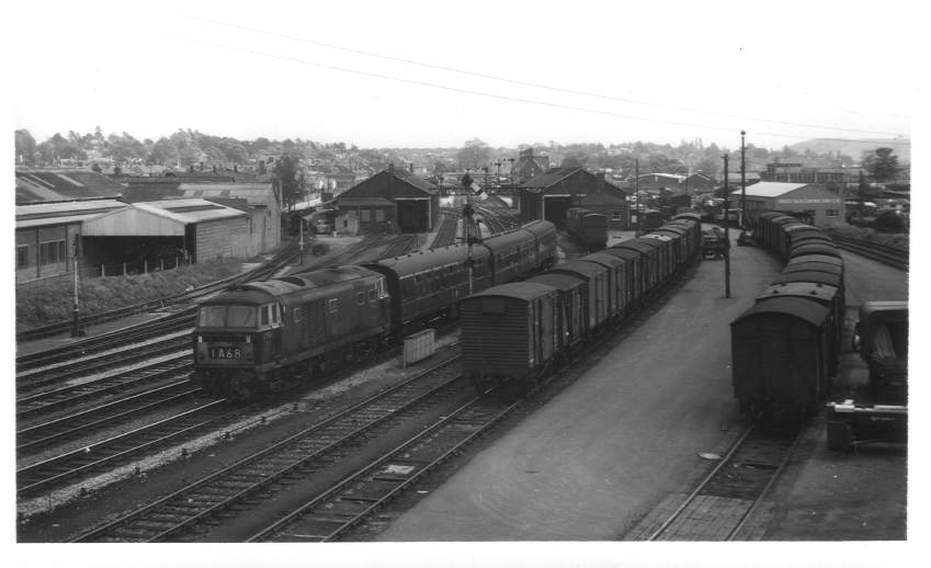 D7058 departing Hereford Station 1965